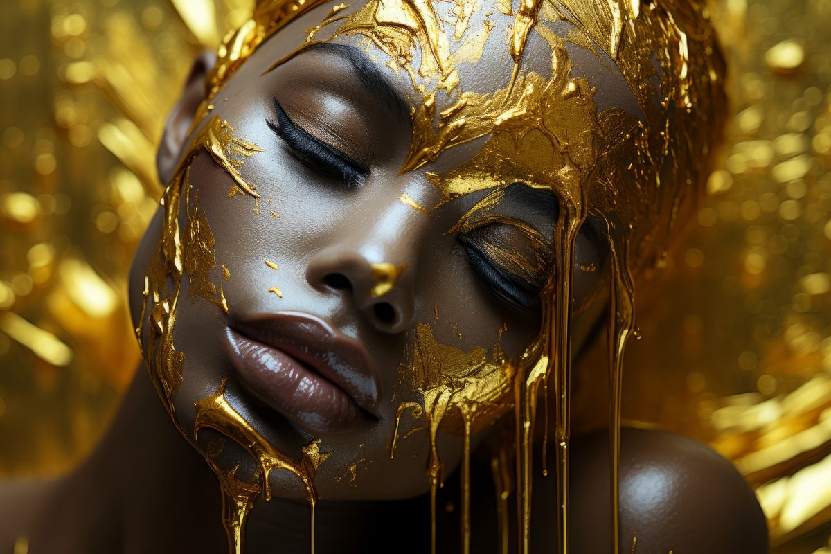 Elegant Image of a Woman with Face Drenched in Liquid Gold