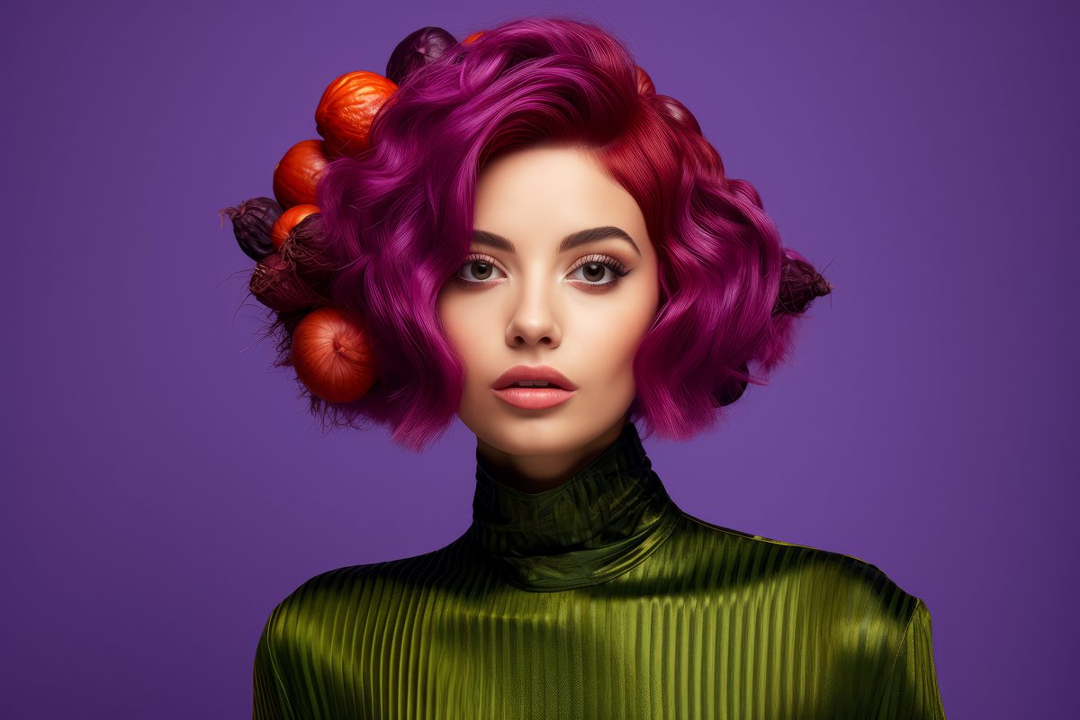 Image of stylish vintage woman with green fruit on purple background
