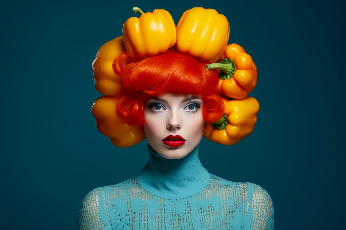 Image of stylish vintage woman with yellow peppers in her hair on a blue background