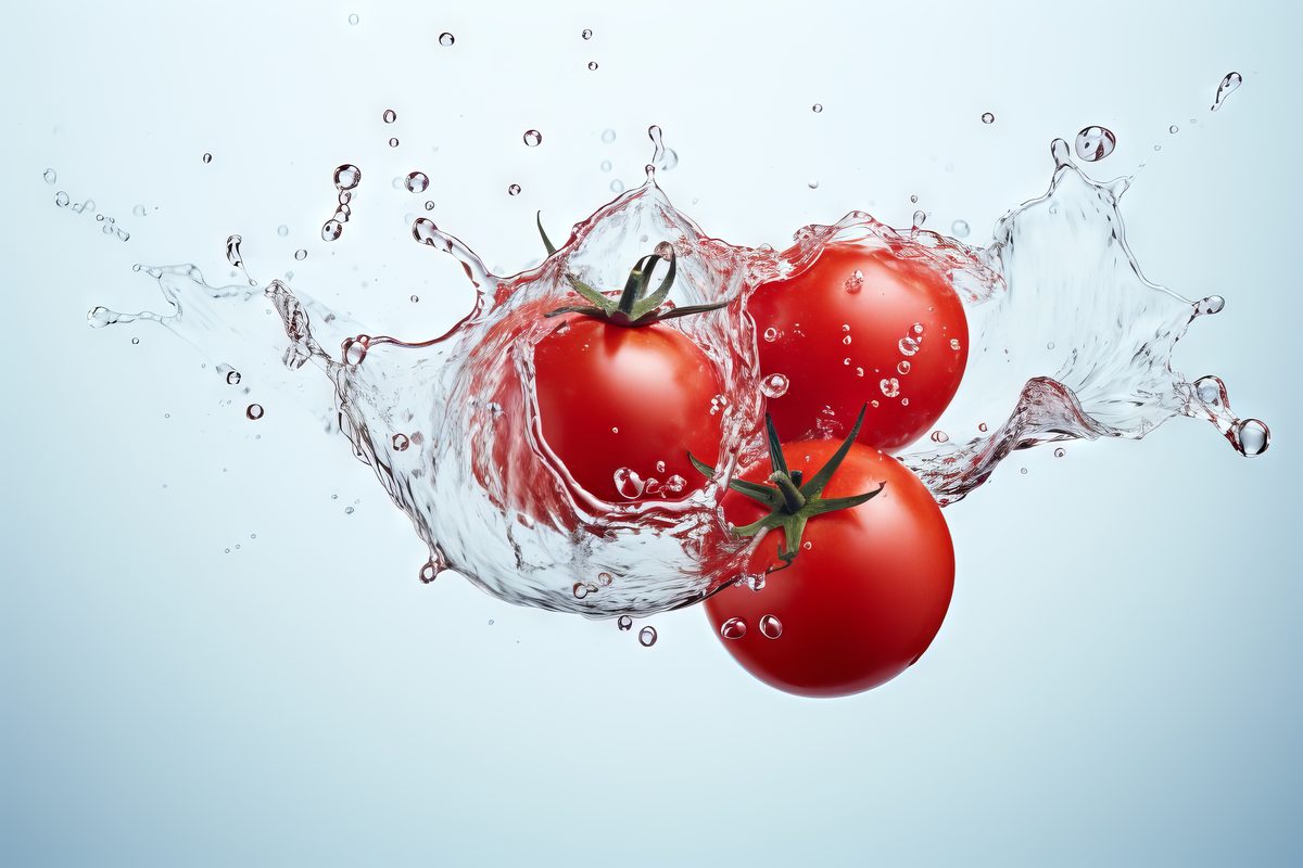 Image of three fresh tomatoes with water on a luminous background