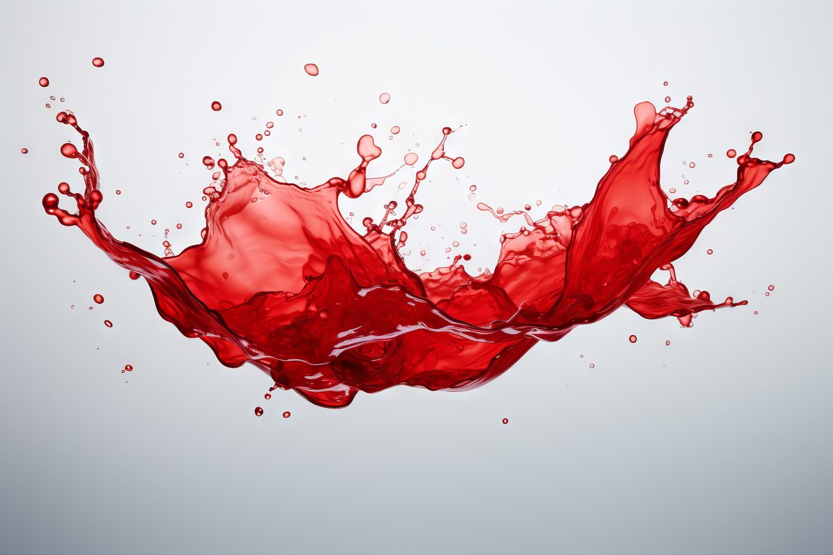 Image of translucent red liquid stain with drops on white background