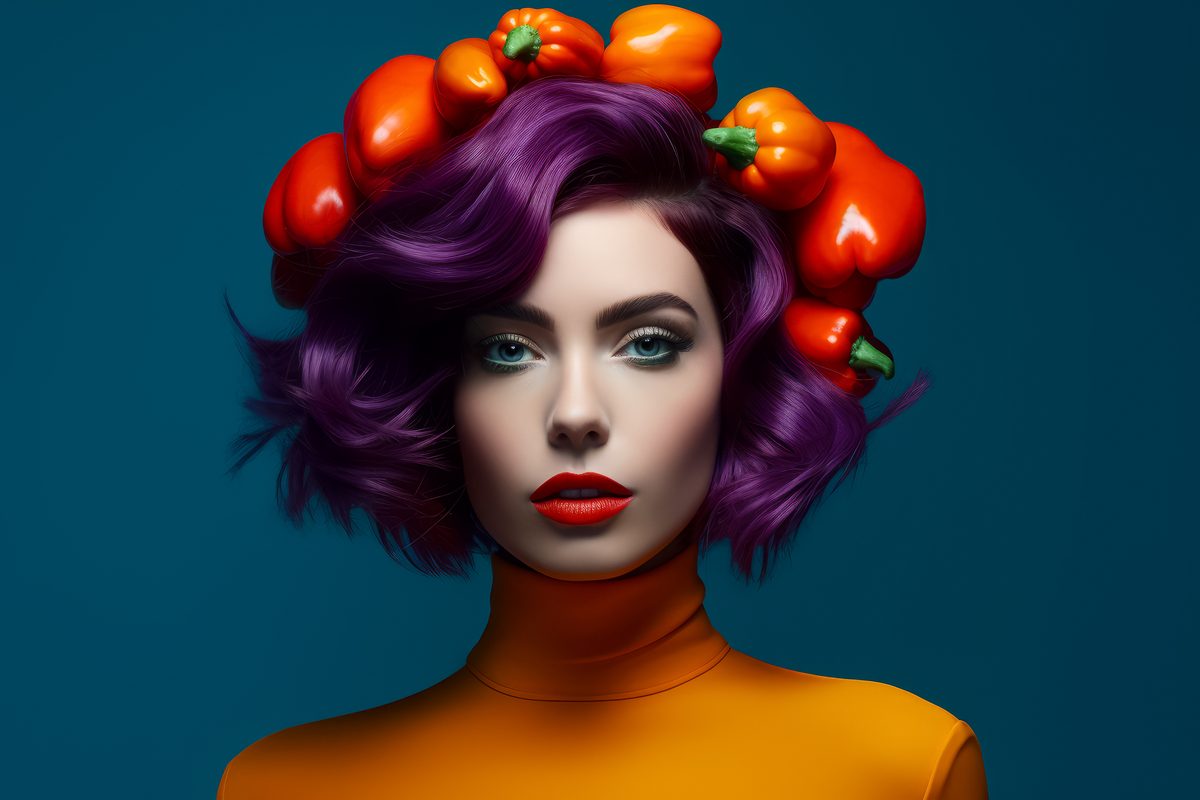 Image of vintage fashionable woman with red peppers in her hair on blue background