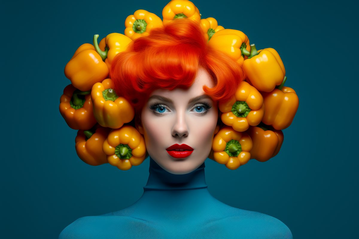 Image of vintage stylish ginger woman with yellow peppers in her hair on blue background