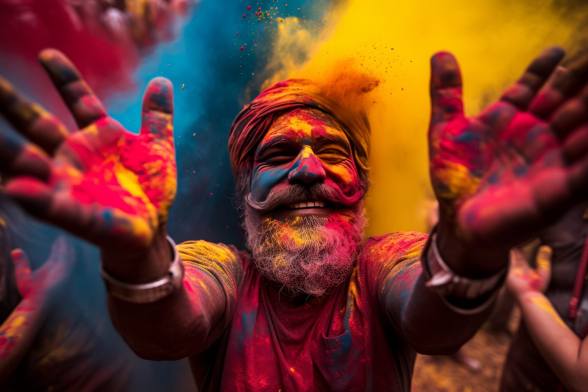 Indian Happy Man Covered With Colored Dust in Holi