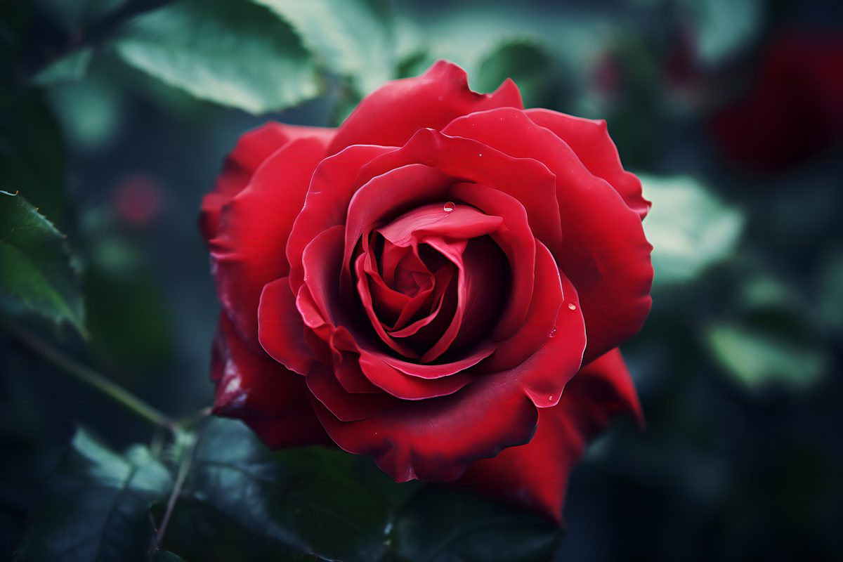 Photo of a beautiful red rose blooming on a rose bush