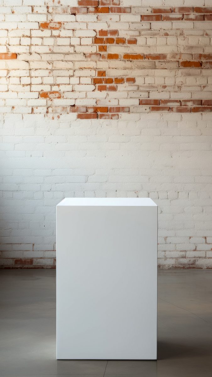 Photo of a simple white rectangular pedestal for a product presentation in front of a brick wall in an industrial setting