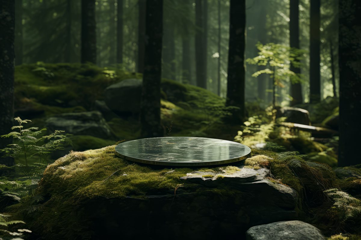 Photo of an empty burnished podium for product presentation, placed on a rock in nature