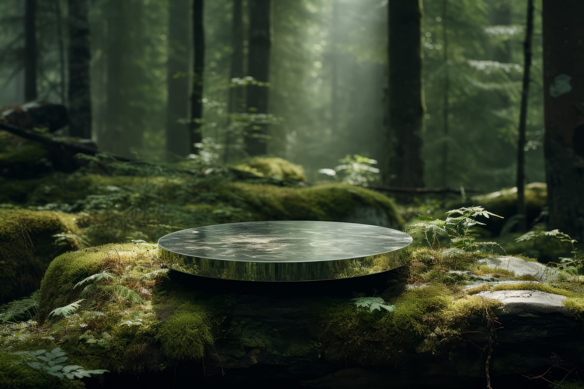 Photo of an empty burnished podium for product presentation, set in nature