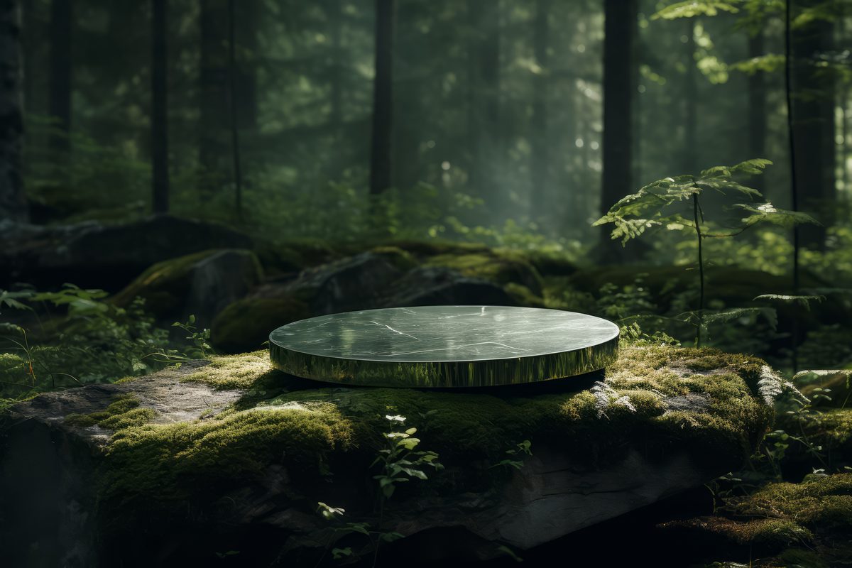 Photo of an empty burnished podium for product presentation, situated in the middle of a forest
