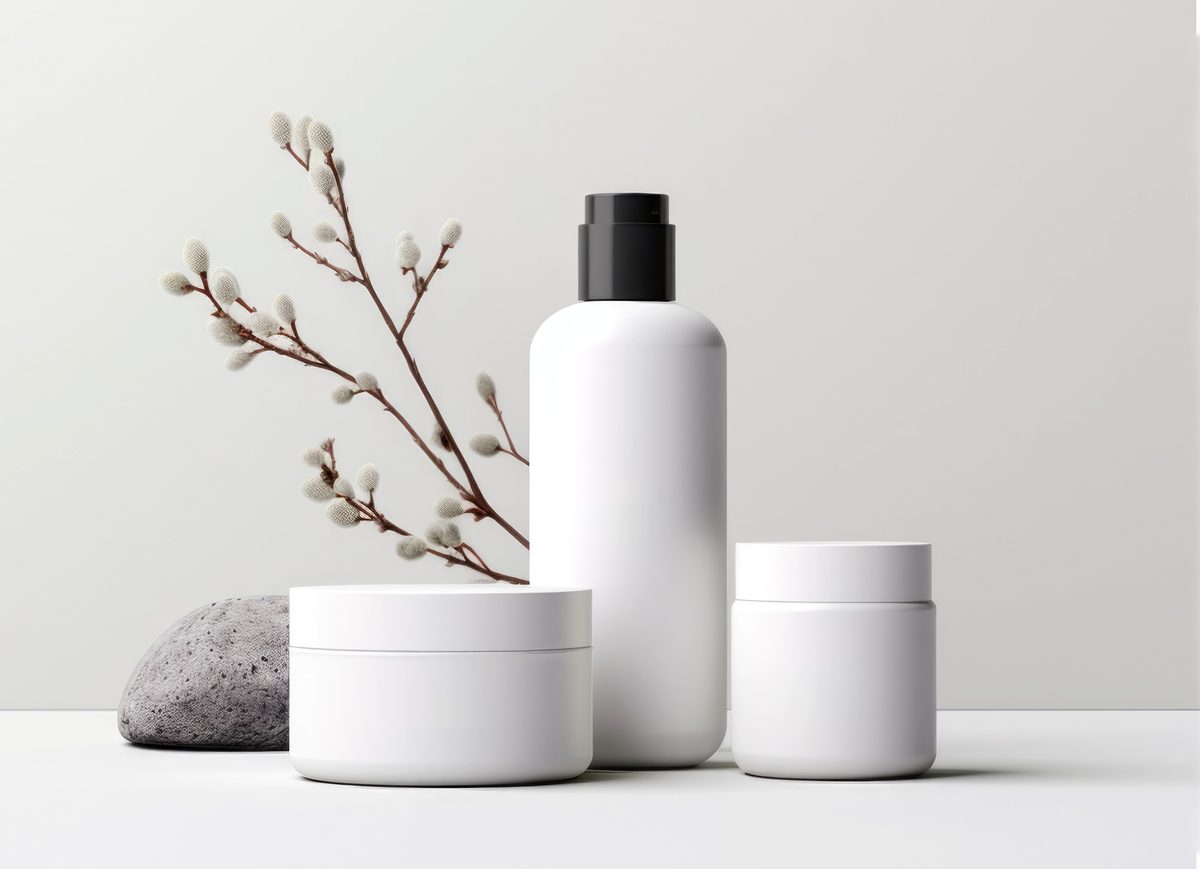 Set of blank cosmetic bottles in a photographic composition