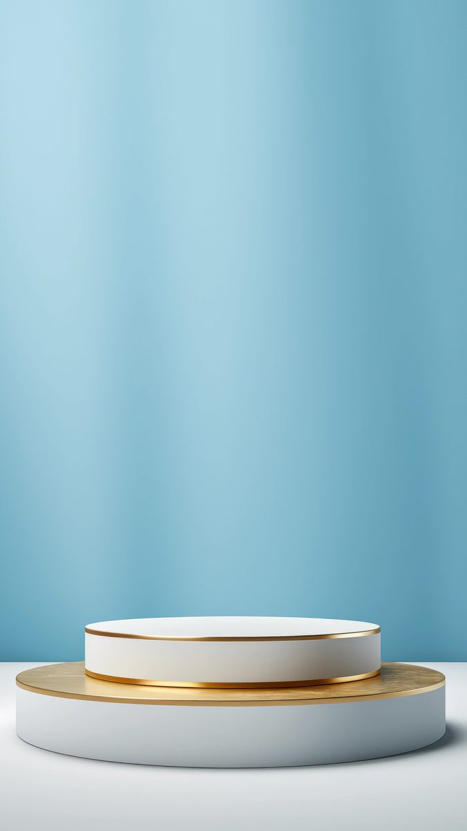 White and gold empty podium for product presentation on a turquoise blue background