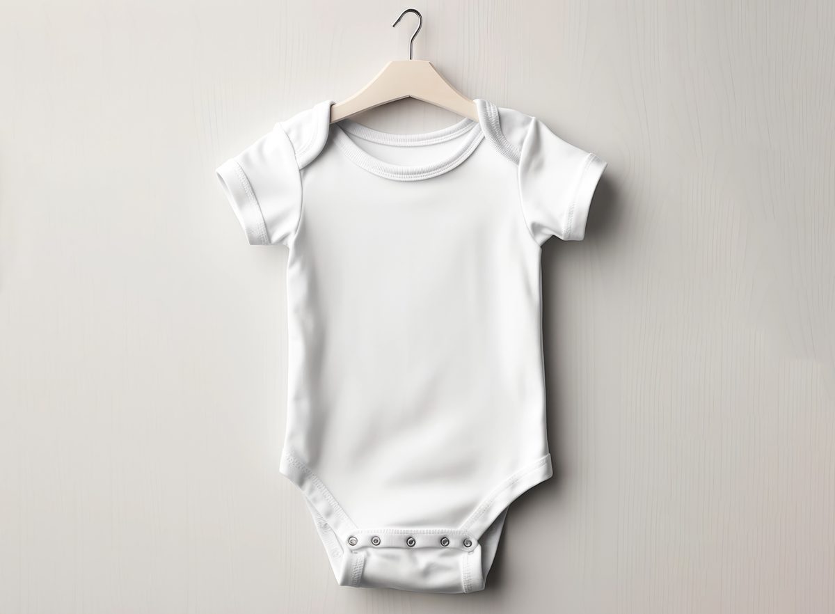 White cotton baby bodysuit on wooden surface