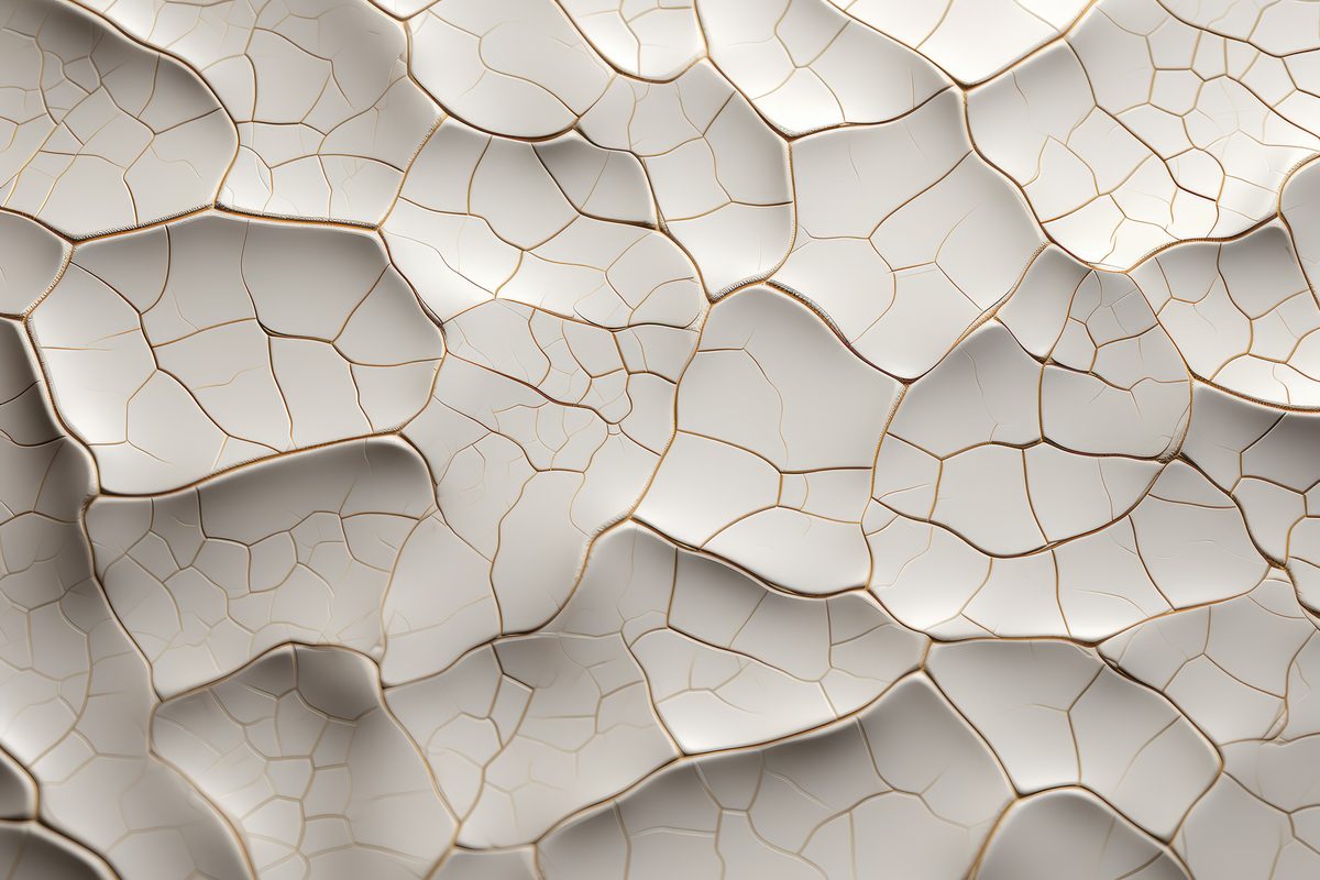 White cracked ceramic surface with golden details
