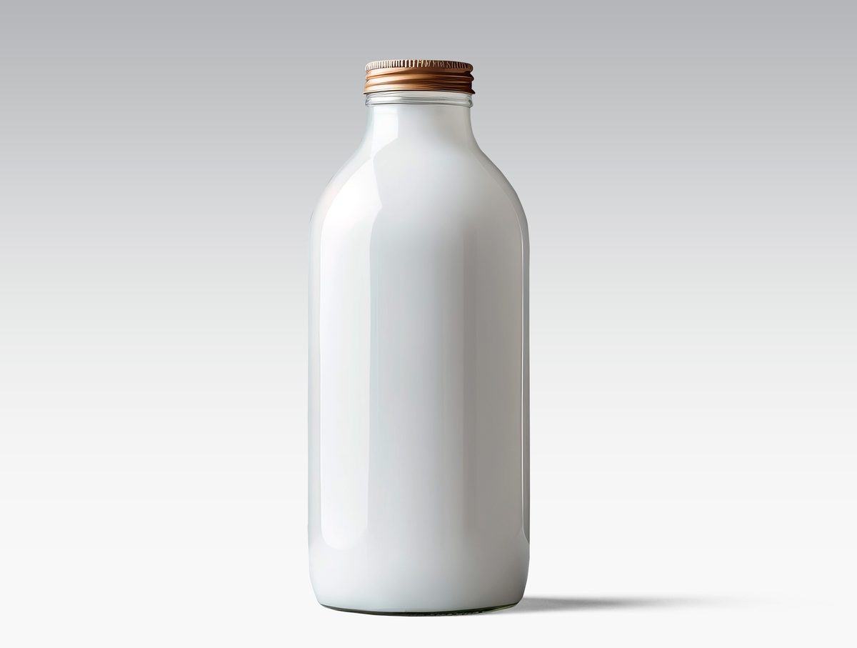 White glass bottle with metal cap on light background
