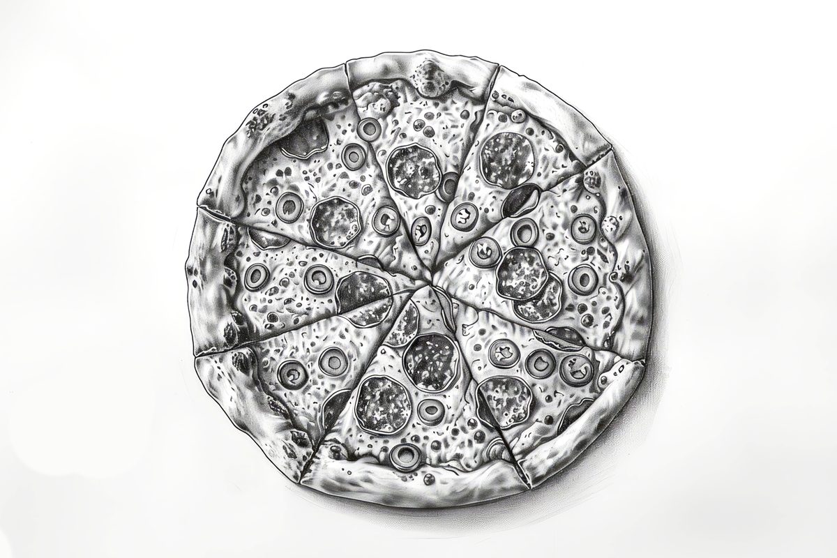 Black and White Sketch of Pizza Seen from Above