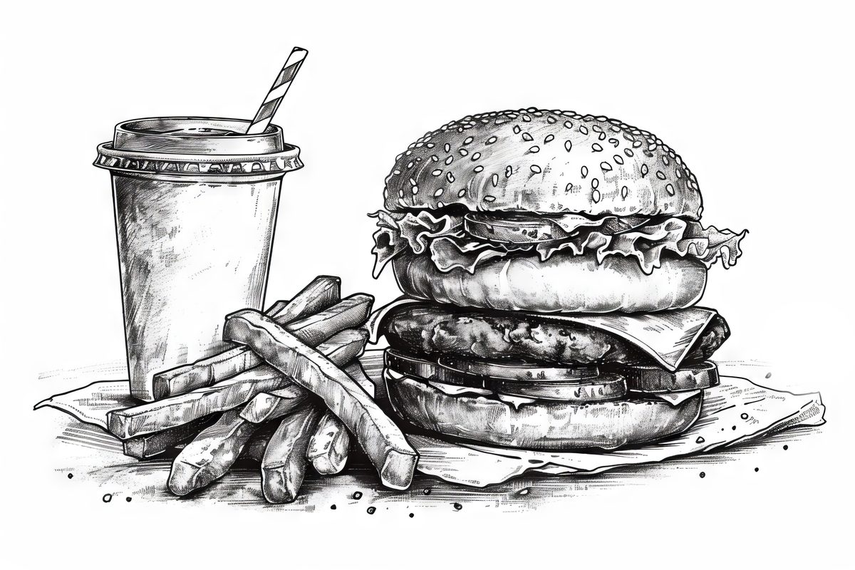Black and White Sketch of Fast Food