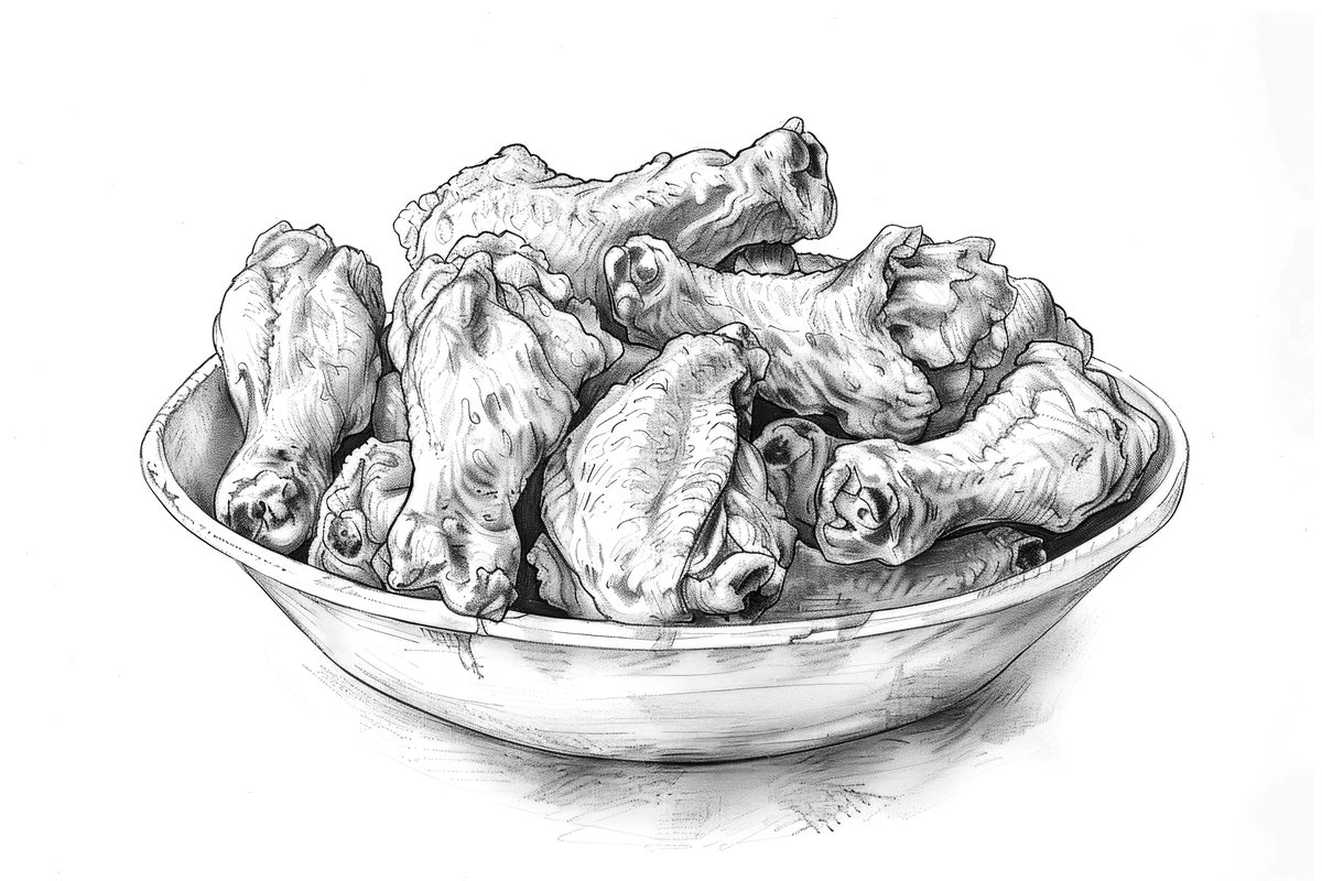Black and White Sketch of Fried Chicken Wings