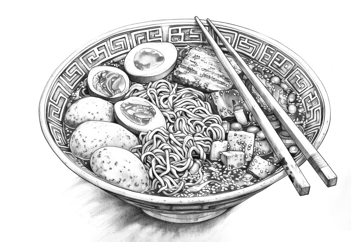 Black and White Sketch of Ramen
