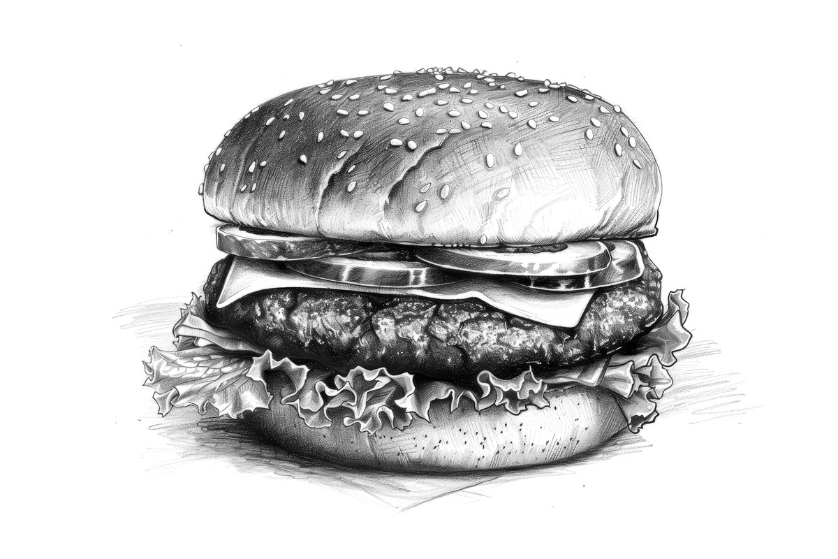 Detailed Sketch Drawing of a Hamburger