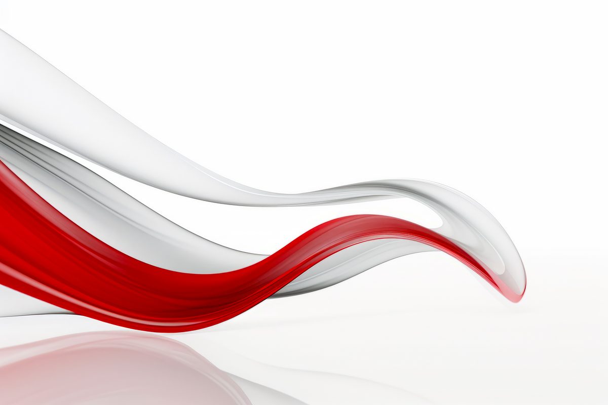 Abstract composition of red undulating forms on a white backdrop
