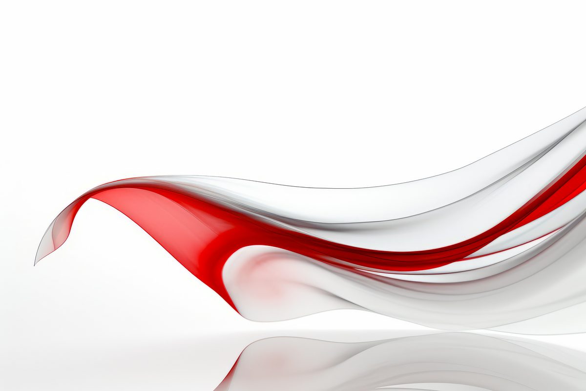 Abstract composition of red undulating forms on a white background