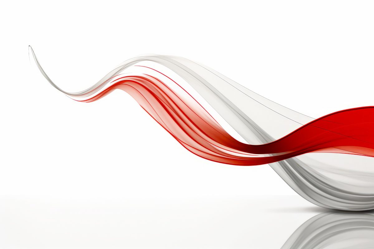 Abstract composition of red undulating forms on light backdrop