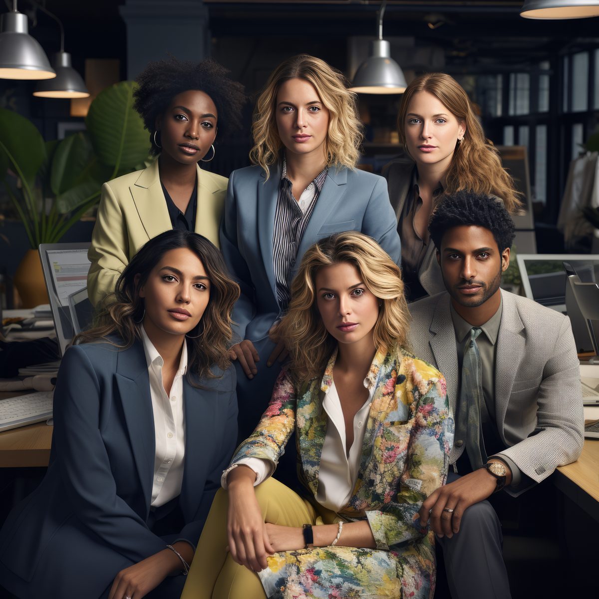 Corporate team image with diversity and trendy outfits in the office background