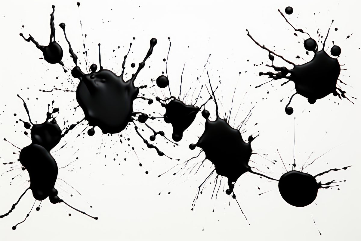 Image of a composition of black liquid stains with drops on a white background