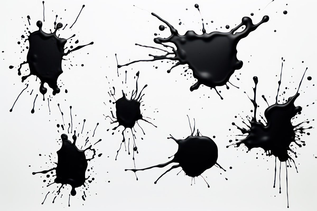 Image of a composition of black liquid stains with many drops and drips on a white background
