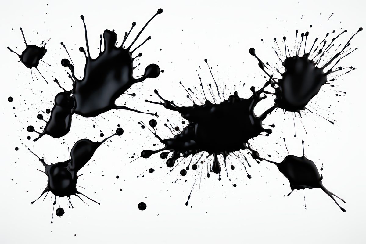 Image of a composition of black liquid stains with many drops on a white background