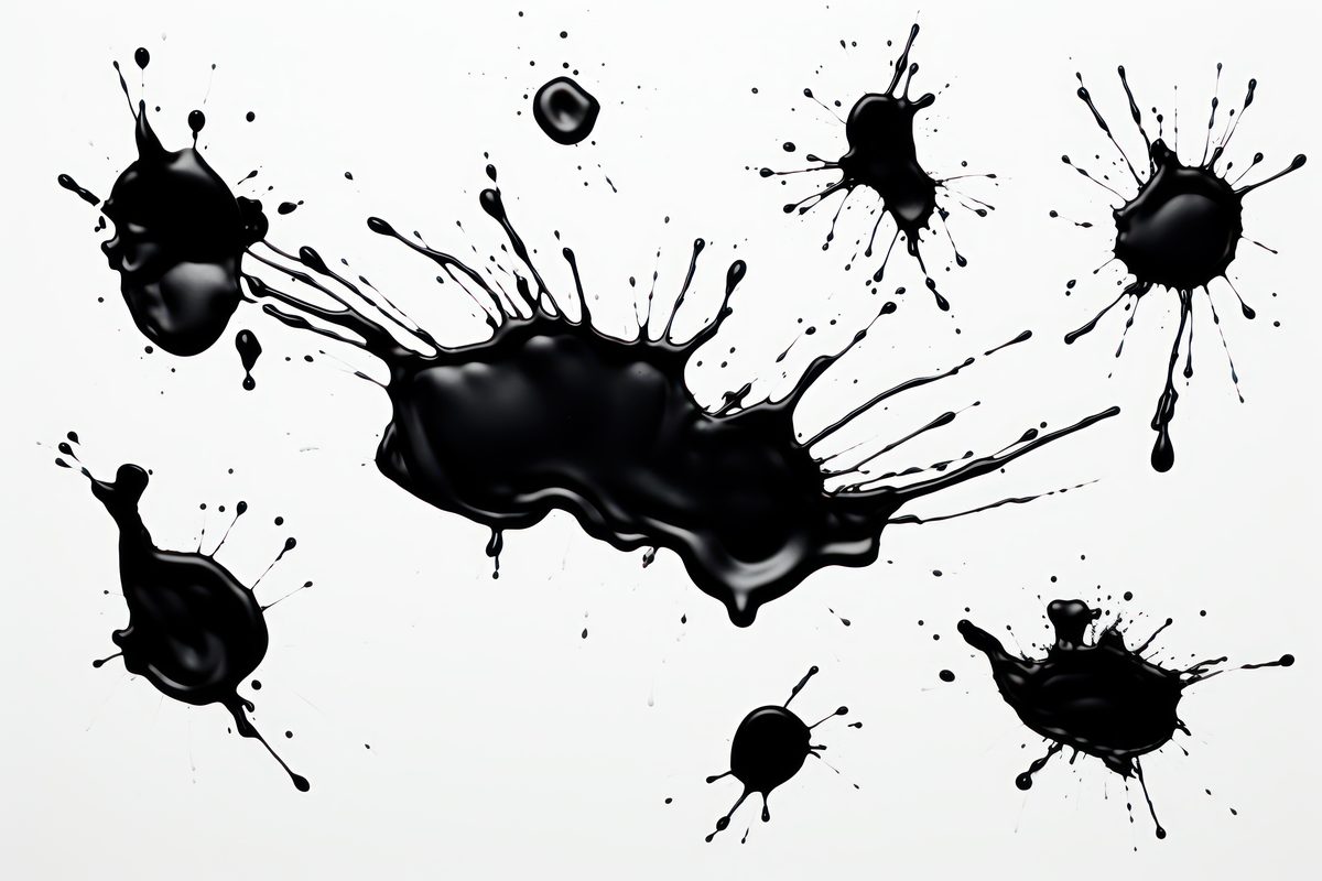 Image of a composition of dense black liquid stains with drops and drips on a white background