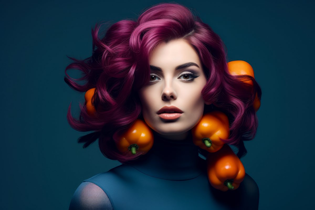 Image of a vintage fashionable woman with yellow peppers in her hair on a blue background