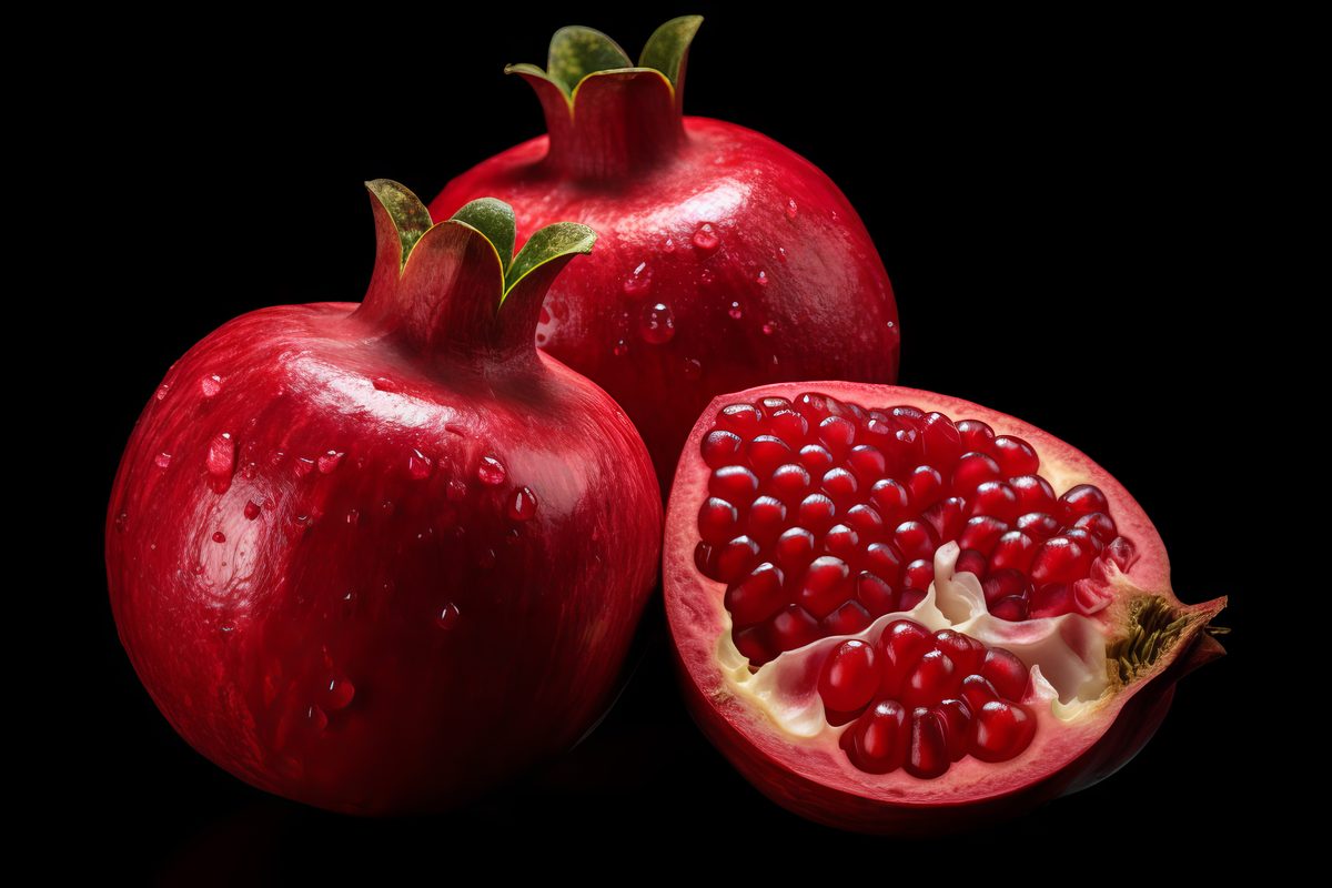 Pomegranate composition image with half open pomegranate with black background