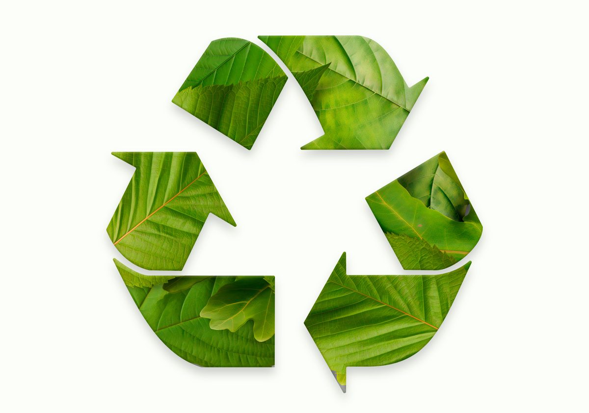 Recycling symbol filled with green leaves on white background