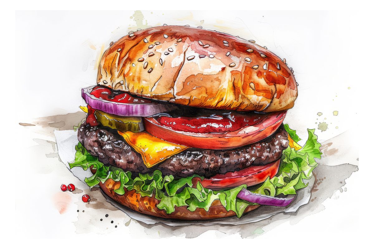 Image featuring an illustration of a colorful hamburger