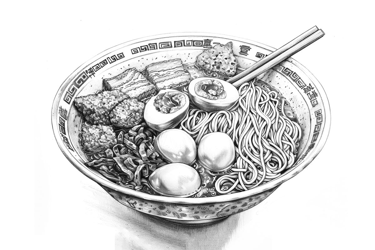 Image featuring a line drawing of ramen with noodles and an egg