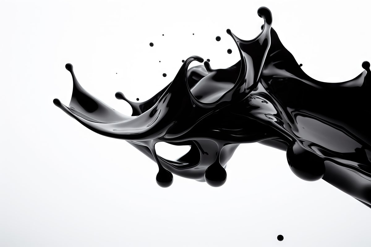 Black liquid splash flowing over white background
