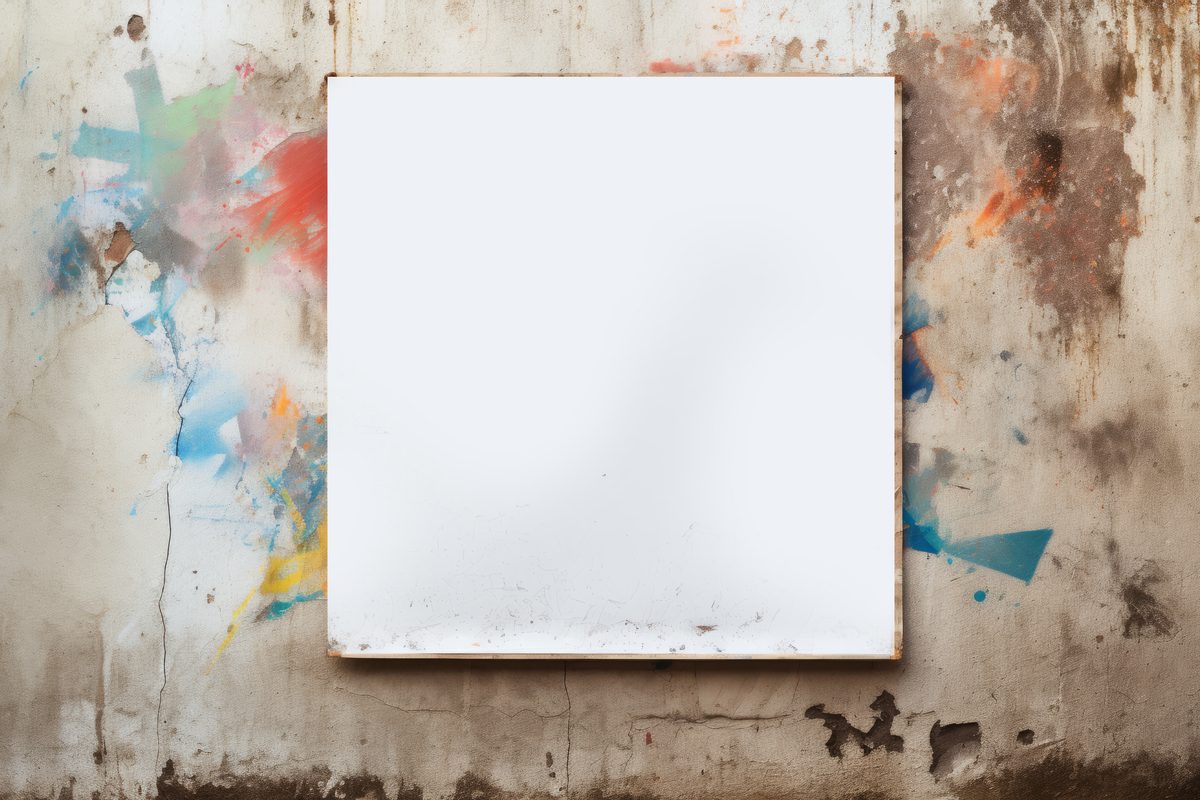 Blank square poster hanging on a grunge wall