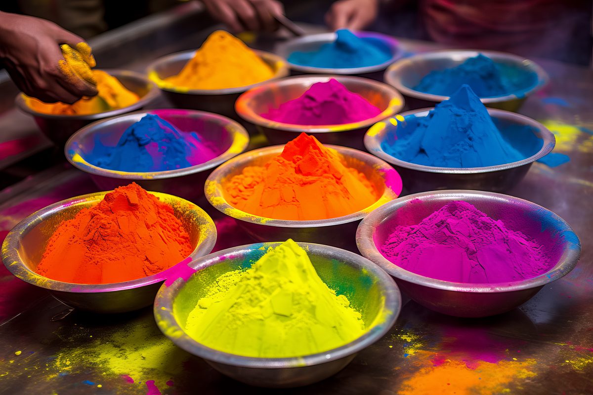 Metallic Bowls Filled With Colorful Dust For Holi Festival