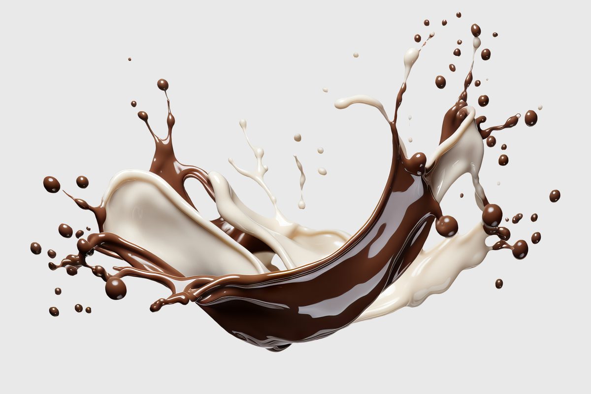 Milk and liquid chocolate splash on white background