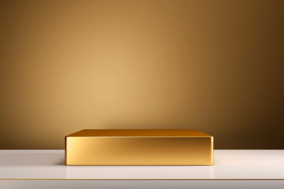 Minimalist gold podium for product presentation over a golden background
