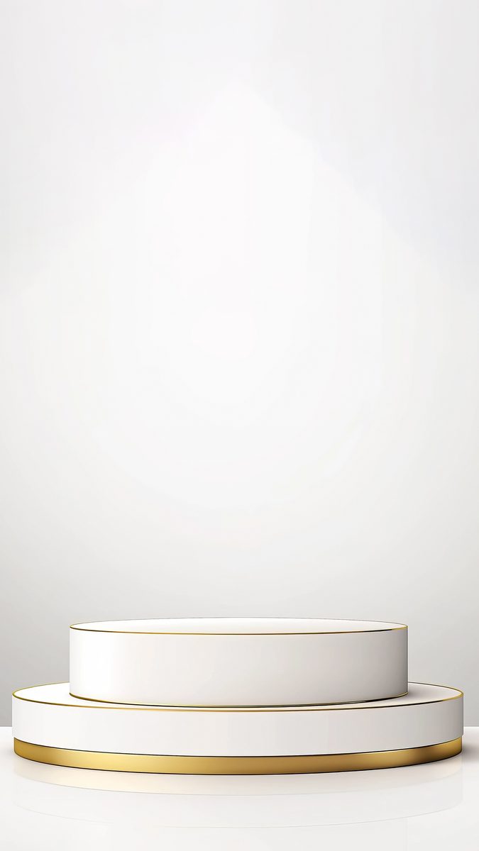 Minimalist white and gold round podium for product presentation on a white background