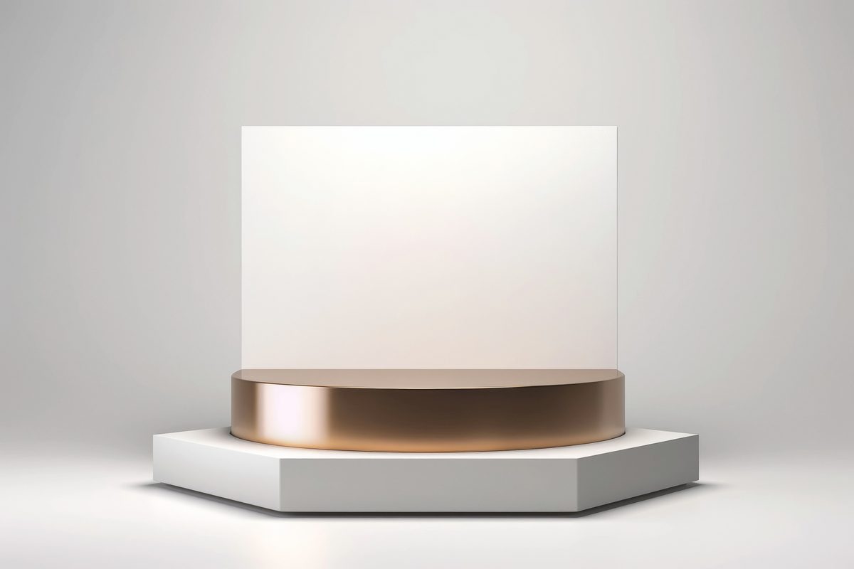 Elegant white and coppery-minimalist hexagonal podium for product presentation