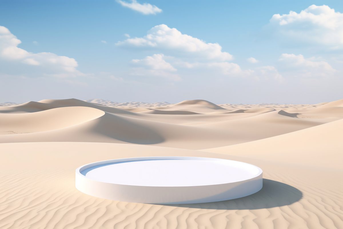 Elegant white podium for product presentation on a desert landscape