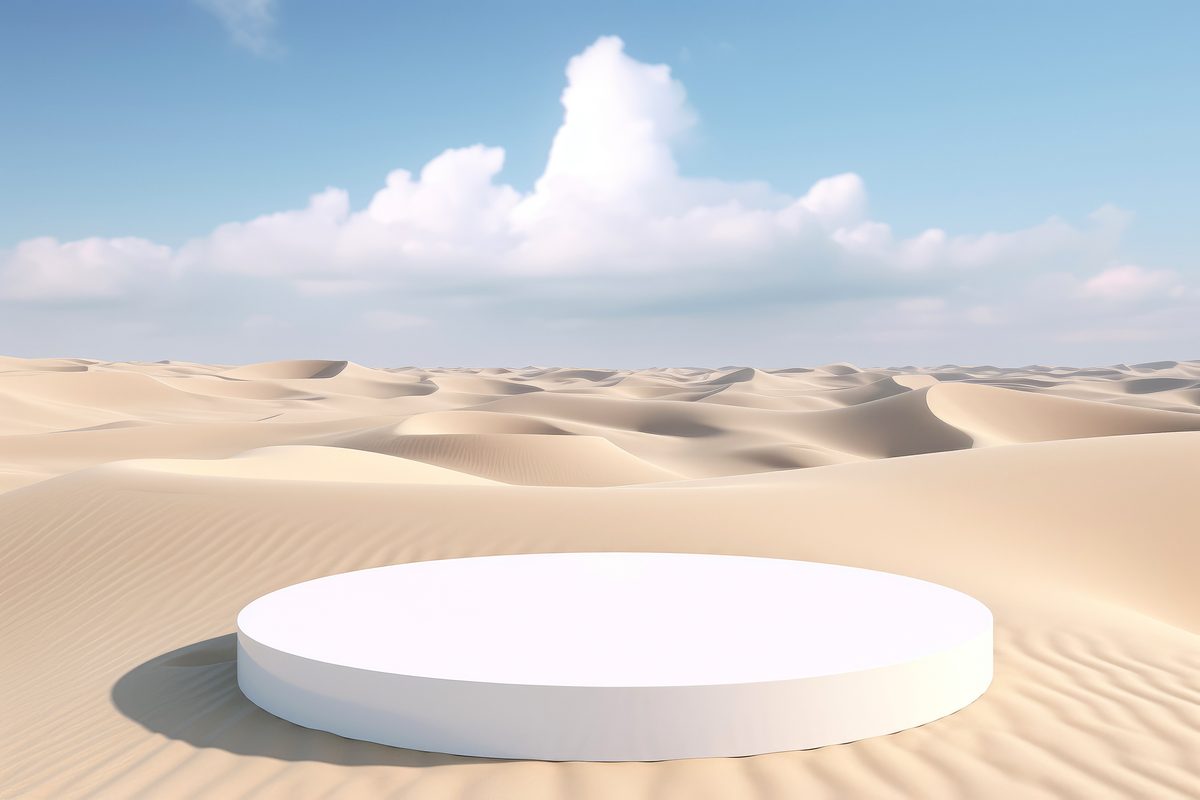 Elegant white podium for product presentation placed in a desert landscape