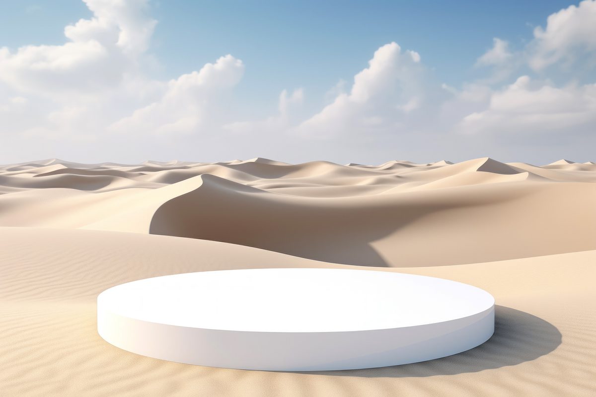 Elegant white podium for product presentation placed in a dunes landscape