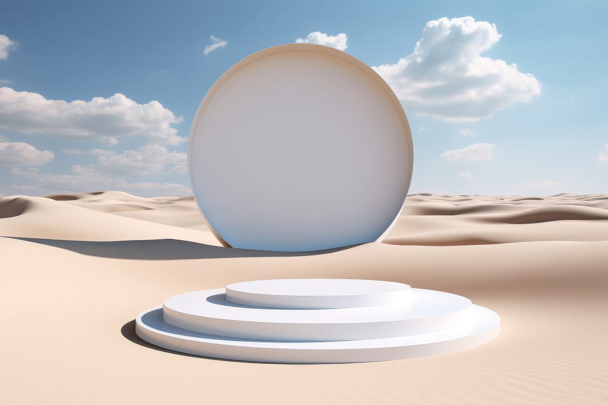 Elegant white round podium for product presentation placed in a desert landscape