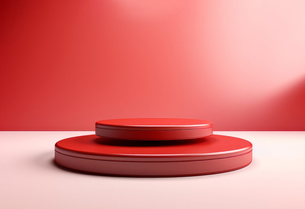 Empty shiny red round podium for product presentation
