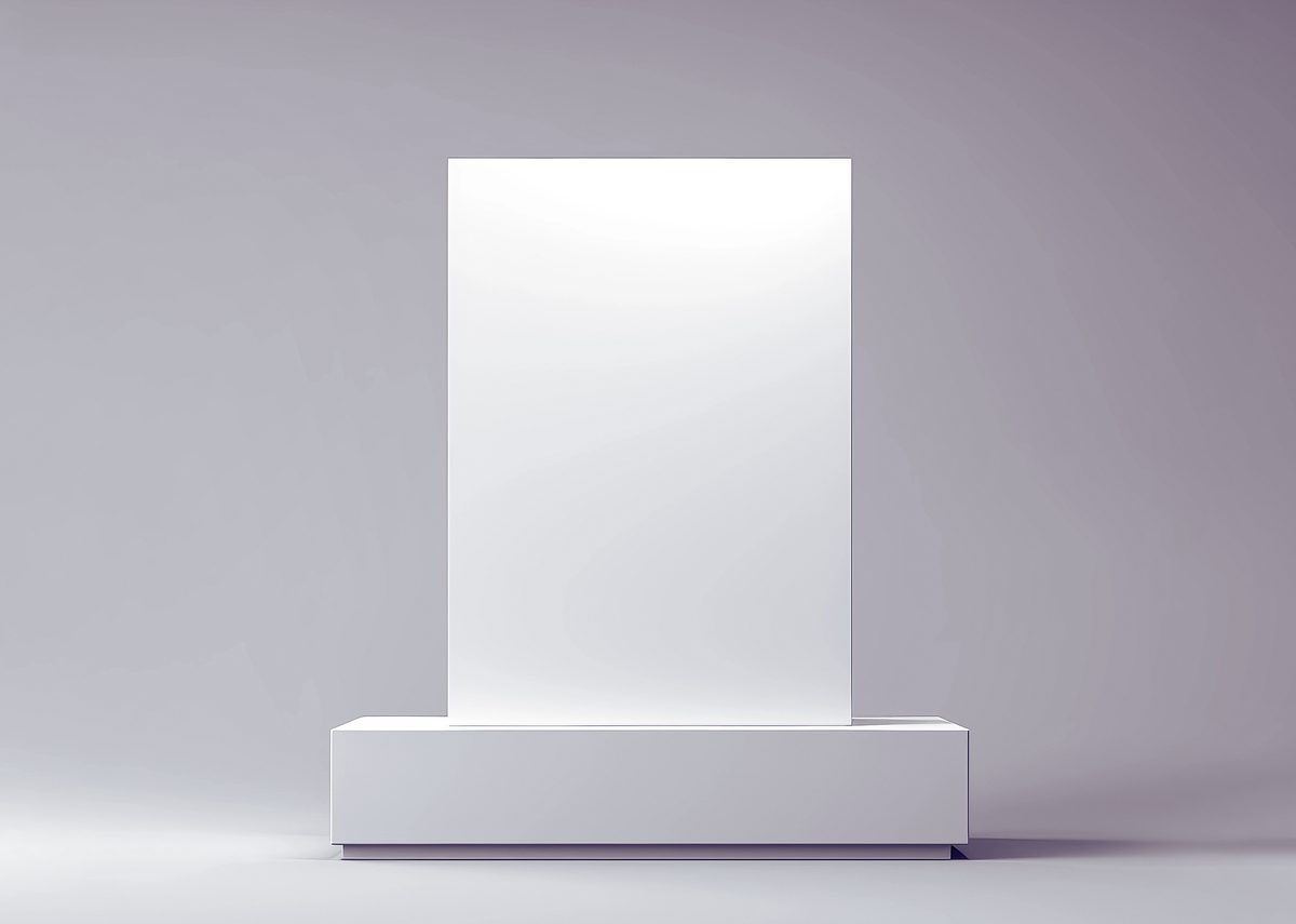 Empty vertical white square podium in for product presentation on a grey background