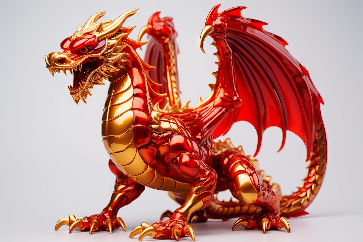 Epic fantasy red and golden dragon on light background